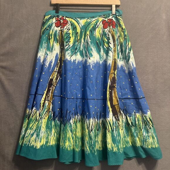 BERNADO Skirt Size 12 Graphic Beach Scene Coconuts Sequins Resort Vacation Artsy - Picture 1 of 7